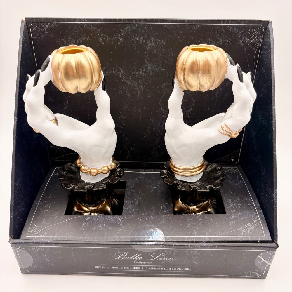Bella Lux Halloween Skeleton Hand Gold Pumpkin Candle Holder Set of 2 White Gold